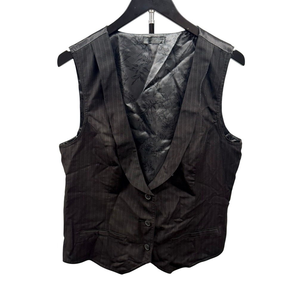 Vintage 2000's Women's Black Pinstripe Goth Office Low Cut Vest/Waistcoat XL